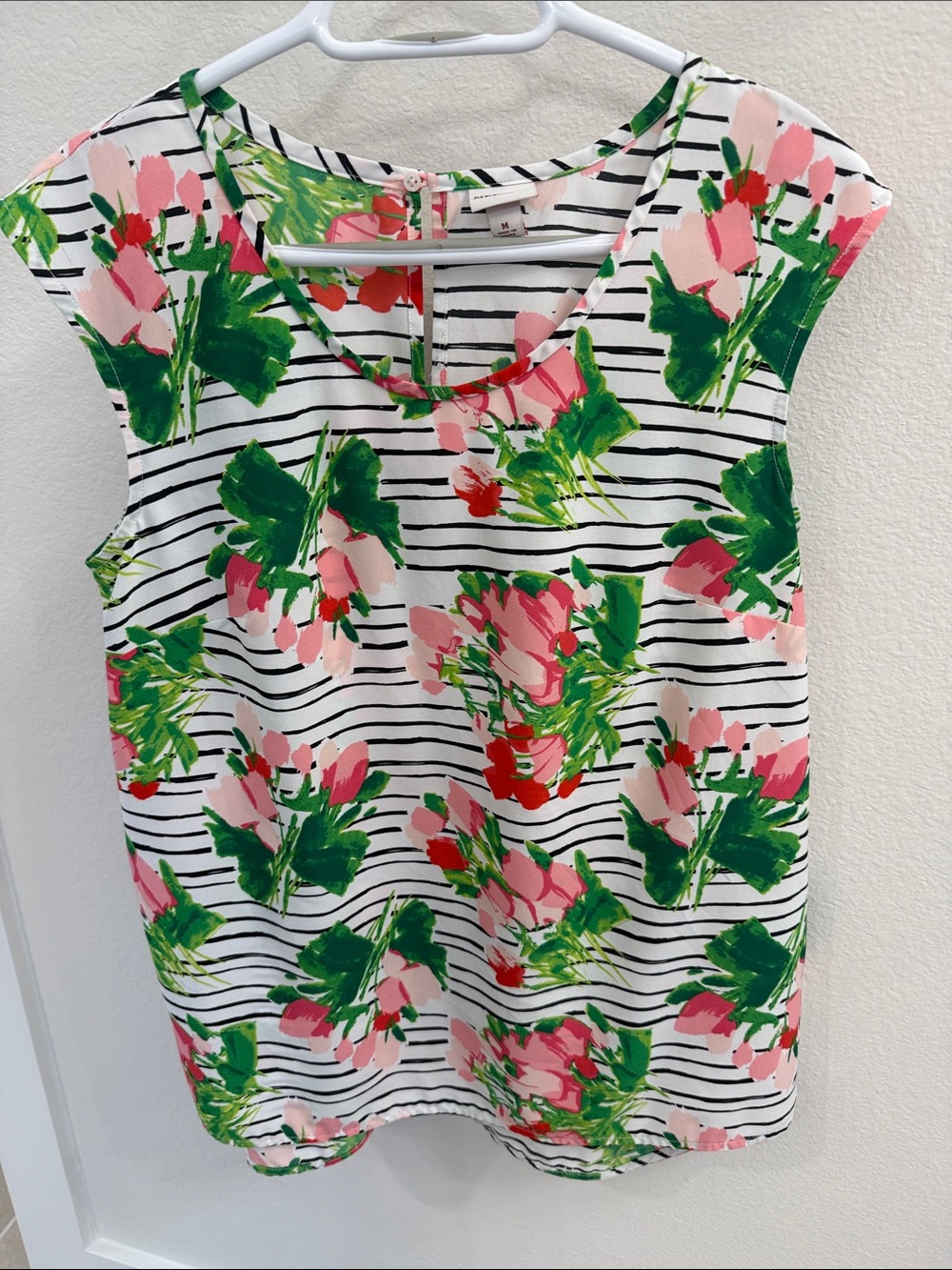 Merona Pink Floral Cap-Sleeve Top with Green Accents